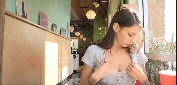  Pervert babe Anessa drops out her tits at fast food spot